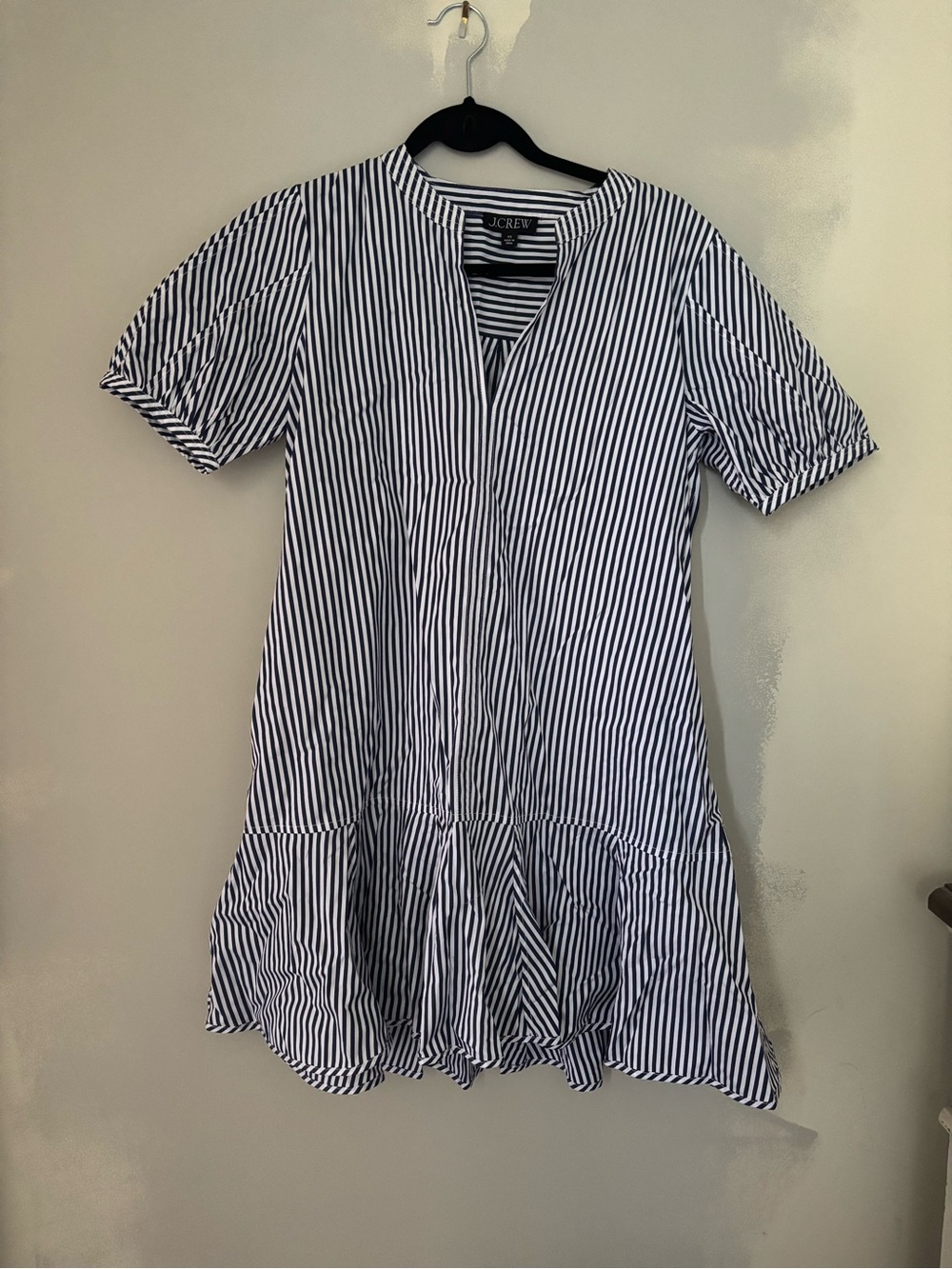 J. Crew Navy & White Striped Short Sleeve Ruffle-Hem Dress